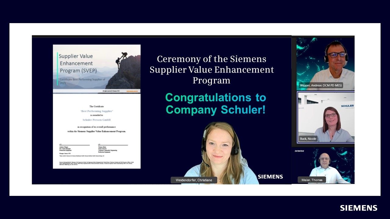 Lob für die positive Entwicklung: Siemens hat Schuler als Lieferant mit dem „Supplier Award 2021“ ausgezeichnet. 