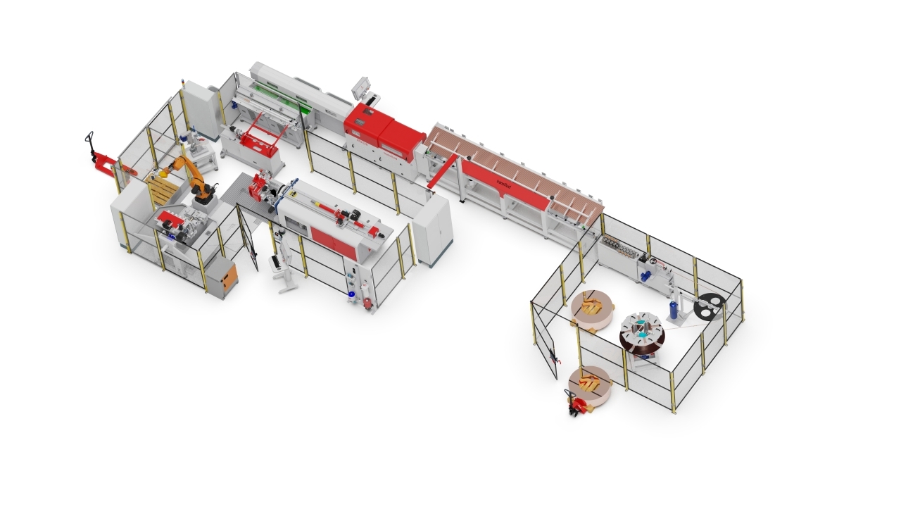 Neun unterschiedliche Transfluid Maschinen im Zusammenspiel: Beladesysteme, Trennsystem, Handlingeinrichtungen, CNC-Rohrbiegemaschine, 5-fache Rohrendenbearbeitung und Bohrstation.